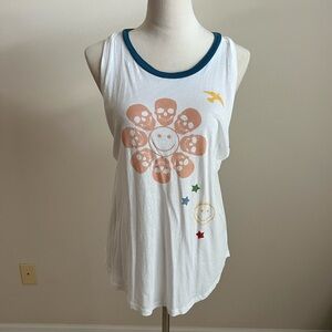 Lauren Moshi White Tank Top with Happy Skull daisy and Star Design